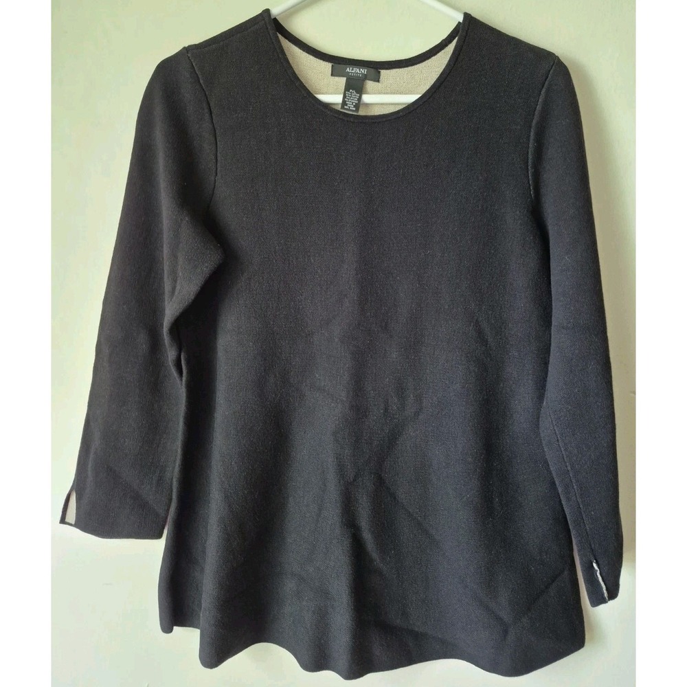 Alfani Petite Women's Black Top Round Neck 3/4 Sleeves Cotton Blend Size P/L